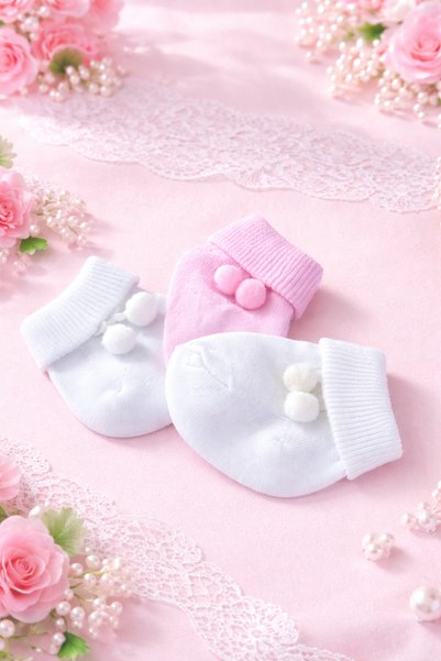 MK Ambalaj 5 Pairs of Multi-Colored Pompom Boxed Baby Socks 0-6 Months