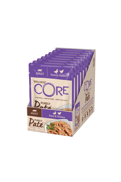 CORE بيورلي باتيه بنكهة الدجاج والبط للقطط، 85 غرام، عبوة من 24 كيس