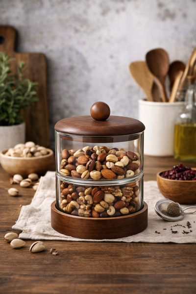 welcomein Akasya Kapaklı 2 Katlı Cam Saklama Kabı Jelibon Kuruyemiş Şekerlik ...