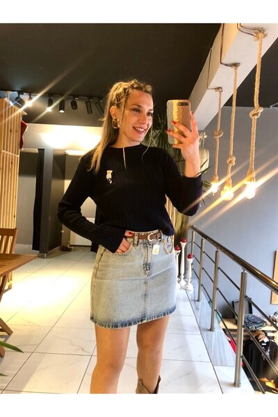 Gözde Tasarım Butik Women's Stone Washed Blue Color High Waist A-Line Denim J...