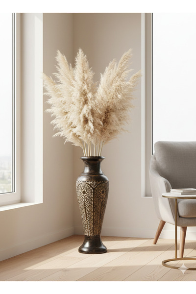 DNC Art&Deco 57 cm El Oyması Masif Ahşap Vazo - Kalın Blok İşçilikli Antik Es...