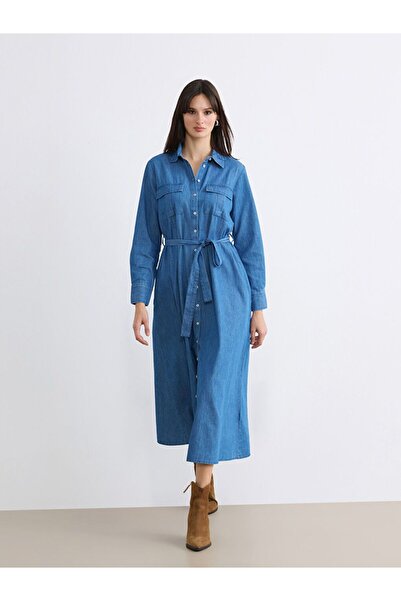 LC Waikiki Τζιν φόρεμα με γιακά πουκάμισου και ζώνη στη μέση