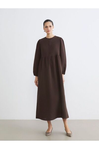 LC Waikiki Lcw Modest Brown Balloon Sleeve Muslin Long Dress