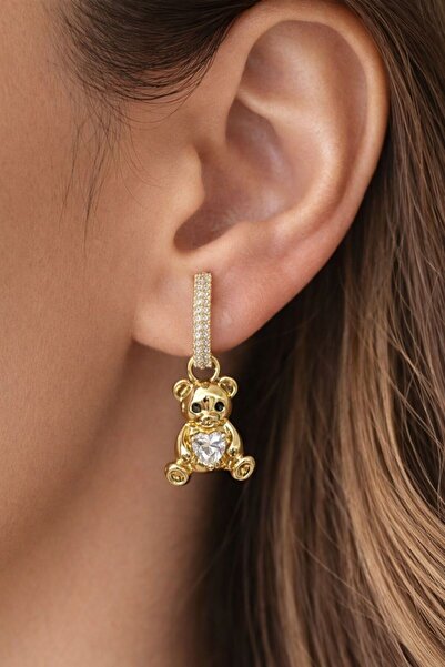 XUPING JEWELRY 14K Altın Kaplama Zirkon Taşlı Ayıcık Figürlü Kadın Küpesi