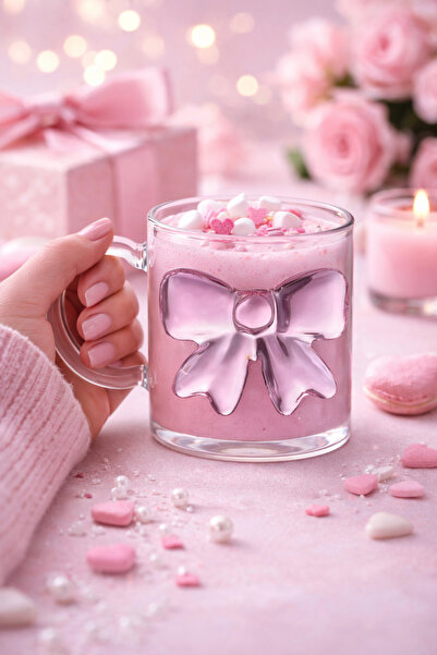 welcomein Pembe 3D Fiyonk Tasarımlı Cam Kupa – 350 ml Romantik Sevgililer Gün...