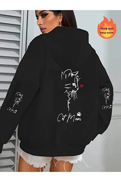 ship master Women's Zippered Hooded Sweatshirt Cat Printed 100% Cotton Casual...