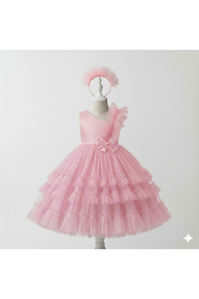 shop Kız Çocuk Pembe Tek Omuz Fiyonklu Katlı Tül Elbise