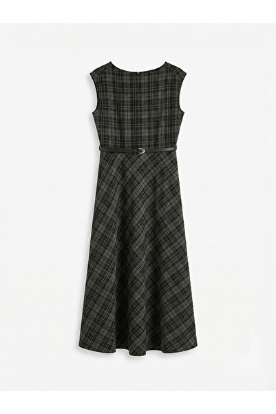 LC Waikiki Beli Kemerli Bisiklet Yaka Ekose Kolsuz Elbise