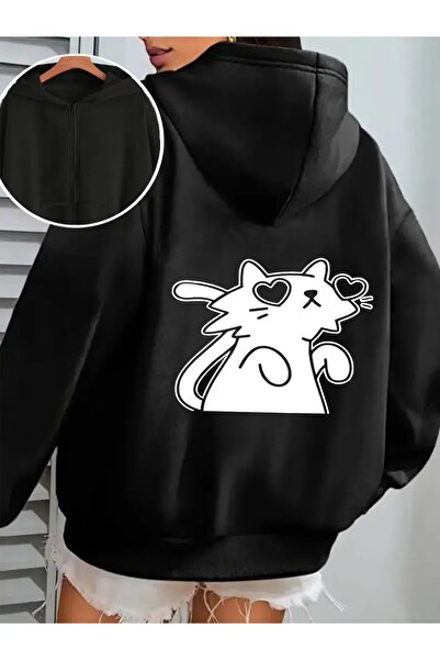 ship master Women's Zippered Hooded Jacket Cat Printed Pockets Lightweight Sp...