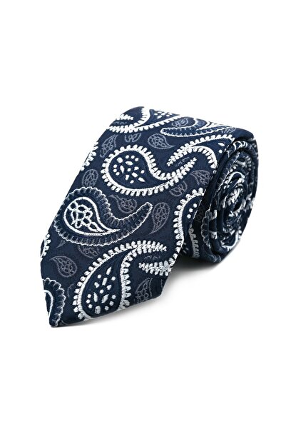 Sade Kravat Lacivert Beyaz Şal Desenli Orta-İnce Kravat 32812 Lacivert