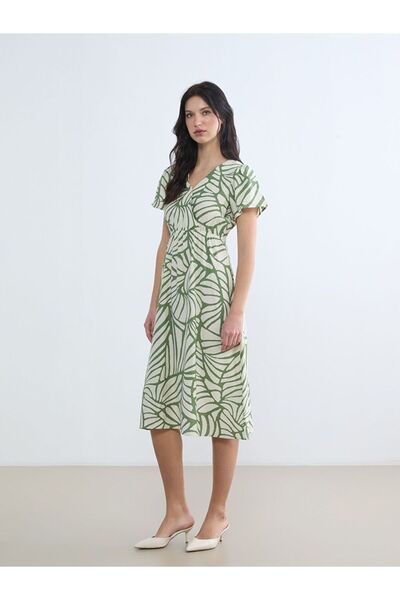 LC Waikiki Double-Breasted Collar Patterned Waist-Slit Dress