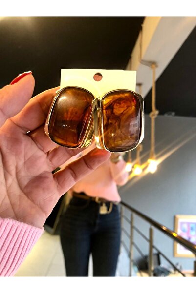 Gözde Tasarım Butik Women's Brown Gold Gold-Plated Rectangular Large Earrings