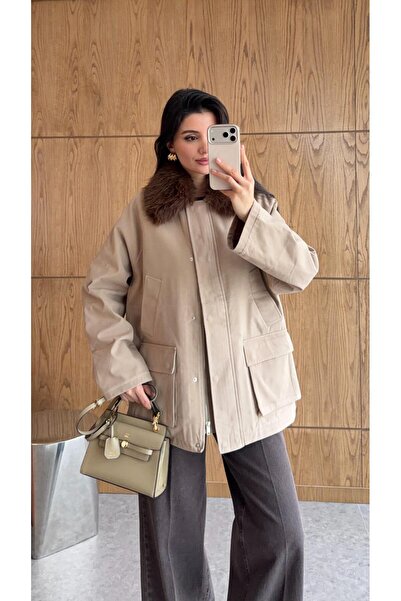 HAZELANNA Mobile Fur Collar Beige Jacket