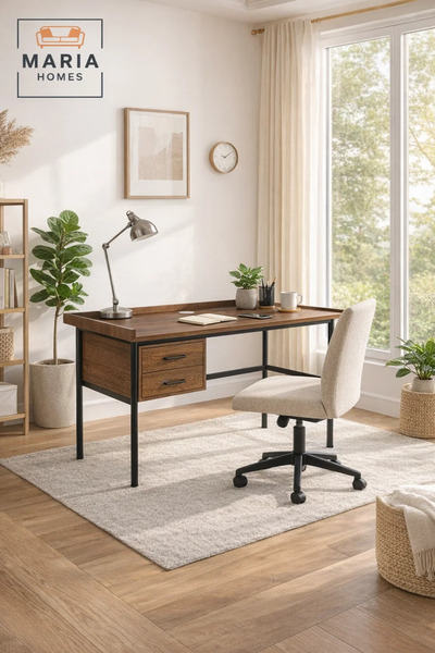 MARIA HOMES Dark Wood Office Desk 120×60×79 cm – Modern Work Desk with Storag...
