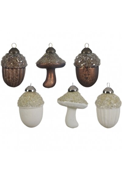 Decoratiuni Dulci Коледна стъклена фигурка жълъд/гъба бяла/шоколадова 8см Дек...