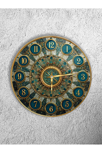 Olinpa KIRILMAZ CAM DUVAR SAATİ , HEM TABLO HEM SAAT TURKUAZ GOLD KLASİK DESE...