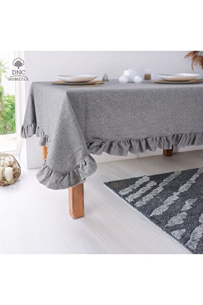 DNC HOMETEX Gray Anthracite Linen Ruffled Tablecloth