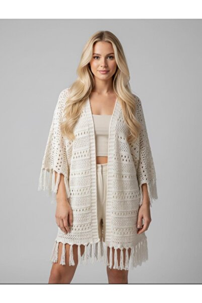 Be Best Women's Ecru Lace-Like Knit Tasseled Long Knitwear Cardigan Be363