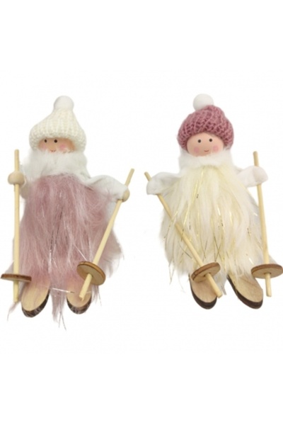 Decoratiuni Dulci Ornament brad papusa cu schiuri, rochita din blanita 12cm