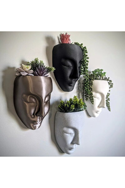 Cem3d Dekoratif Gri Mermer Renkli Kadın Yüzü Duvar Saksısı 15cm