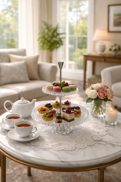 ABAREEK A serving stand for sweets or nuts made of clear glass with a stainle...