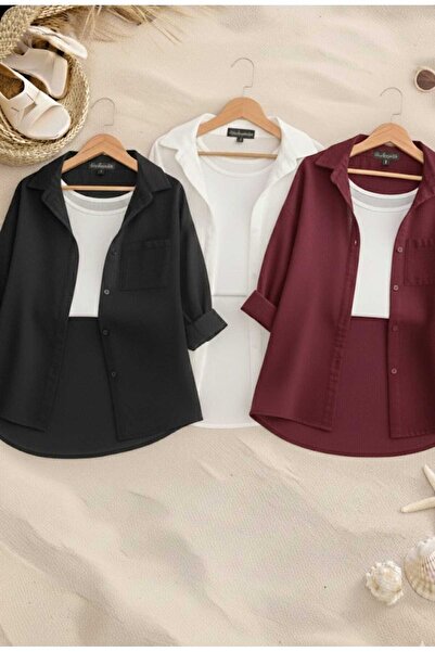 blackbonds 3 lü bordo beyaz siyah Oversize Keten Dokulu %100 Pamuk Tek Cepli ...