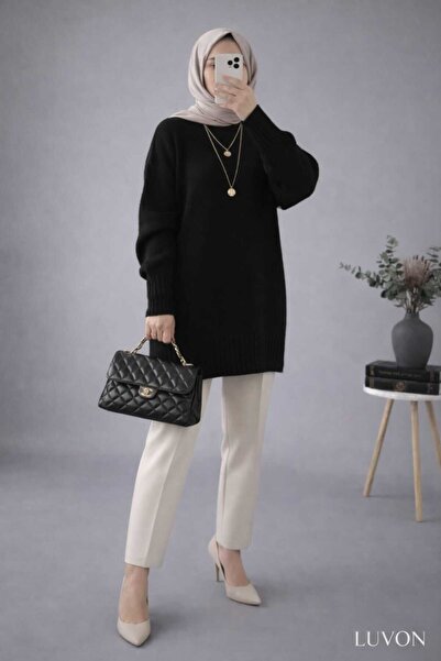 LUVON zarafet güvenle başlar Μαύρο πλεκτό πουλόβερ με λαιμόκοψη oversized
