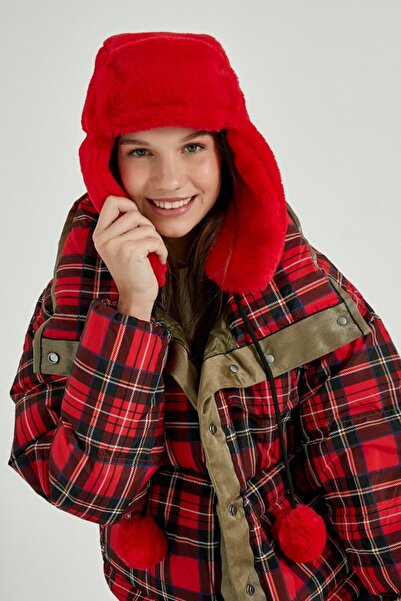 stravis Red Pilot Hat Beanie with Furry Headphones