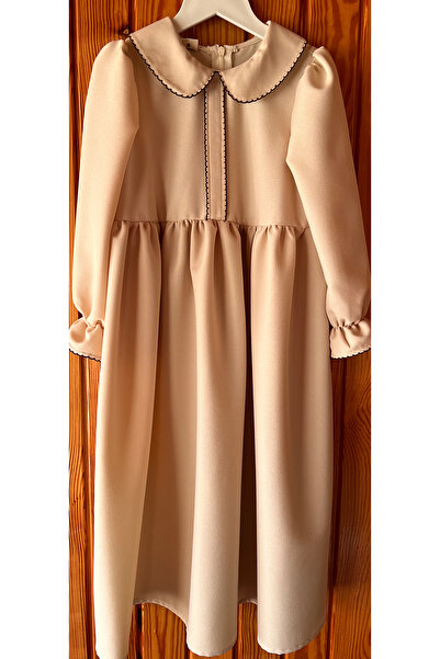 Masnu Çocuk Girl's Cream Cotton Crepe Embroidered Midi Dress