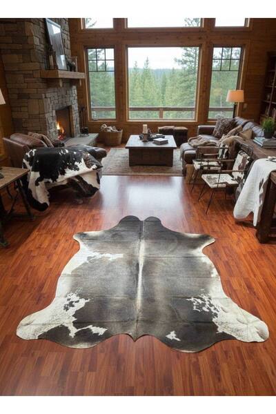 Wonder Fur Gri Beyaz 1. Kalite Gerçek Dana Derisi Post Halı / Kaymaz Taban