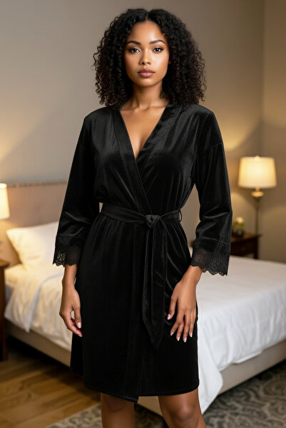 Star Fashion Women's velvet robe, with lace appliqués on the sleeves, with a ...