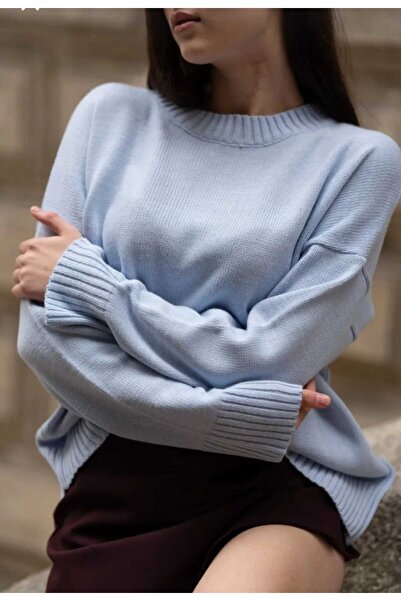 LUVON Blue Crew Neck Oversized Knitwear Women's Sweater