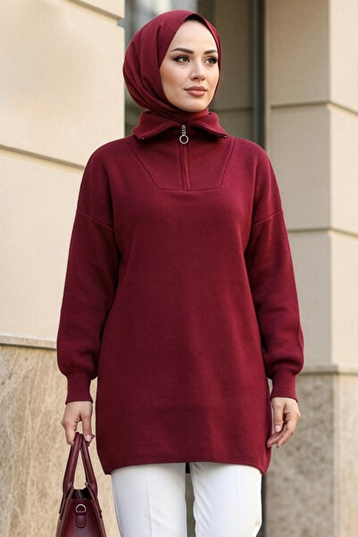N.S NEVA STYLE Dark Burgundy Zippered Collar Hijab Knitwear Sweater 10912Kbr