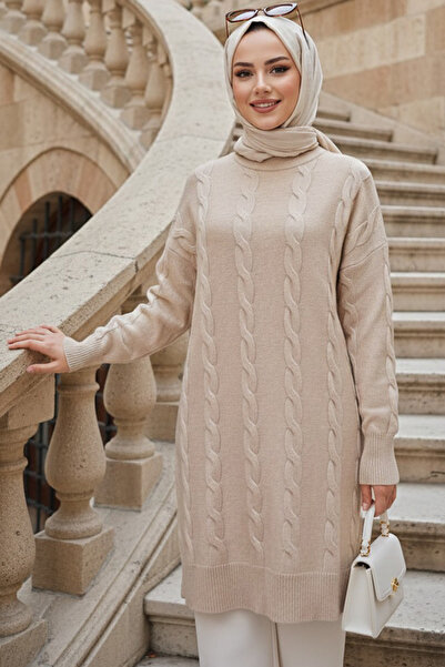 N.S NEVA STYLE Beige Hijab Knitwear Sweater with Knitted Detail 60051Bej