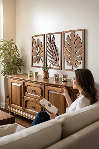 woodmomente 3’lü Tropikal Desen Duvar Pano Seti Ceviz MDF 35x40 Dekoratif Tablo