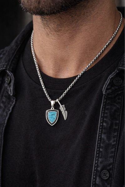 voyageaccessory Erkek Turkuaz Taşlı Kolye ve Bileklik Seti – Paslanmaz Çelik Zincirli Erkek Takı Seti