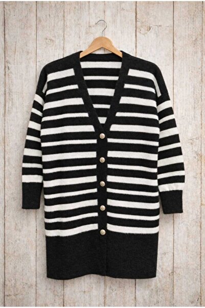 MODA VEDAT Women's Striped Detailed Bearded Soft Cardigan -0370 (Standard Siz...