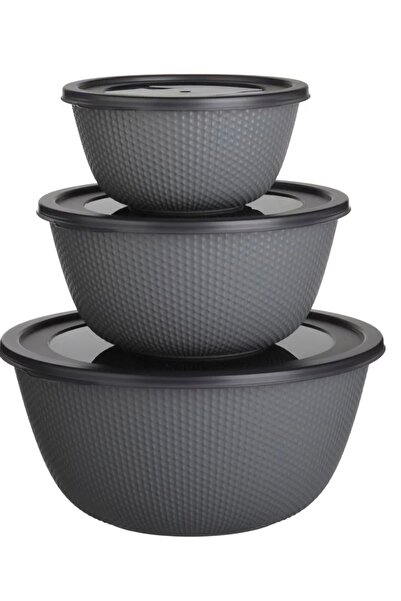 idem Set of Gray Plastic Bowls with Lids (0.5lt-1lt-2lt) - 3pcs