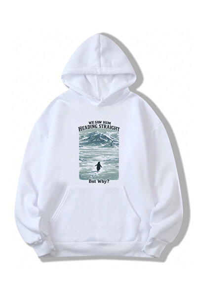 SUNFREE But Why Penguen Printed Hooded White Sweatshirt