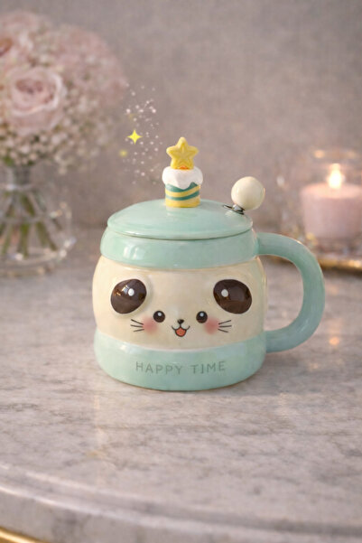 matheon Ceramic Mug with Dog Figure and Lid Happy Time – Decorative Gift Cup