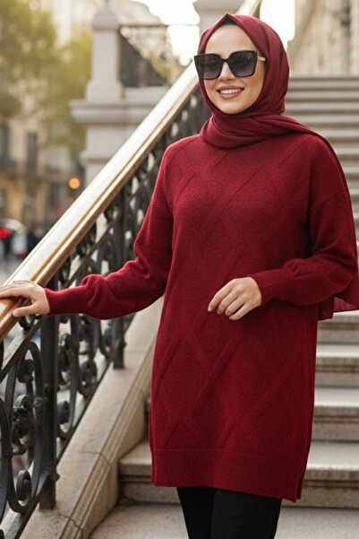 N.S NEVA STYLE Baklava Patterned Burgundy Hijab Knitwear Sweater 6008Br