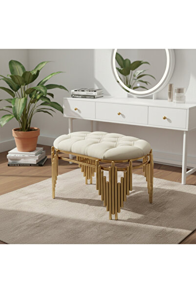 lowena home Ultra Lak Gold Kaplama Metal Ayaklı Krem Baby Face Kumaşlı Puf