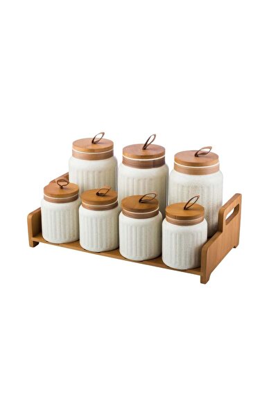 ABAREEK Ceramic spice jar set, 7 pieces, with wooden stand