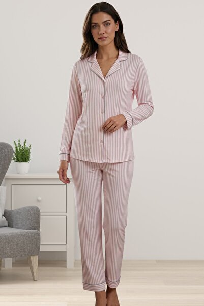 by İGP Striped Front Buttoned Long Sleeve Women's Pajama Set