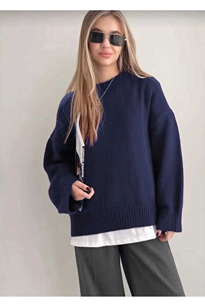 LUVON Navy Blue Crew Neck Oversized Knitwear Women's Sweater