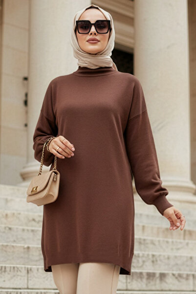 N.S NEVA STYLE High-Necked Brown Hijab Knitwear Sweater 10381Kh