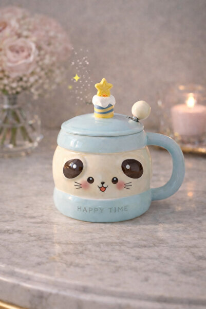 matheon Köpek Figürlü Kapaklı Seramik Kupa Happy Time – Dekoratif Hediyelik B...