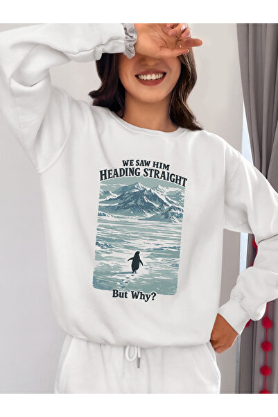 SUNFREE But Why Penguen Printed Oversized White Crew Neck Sweatshirt