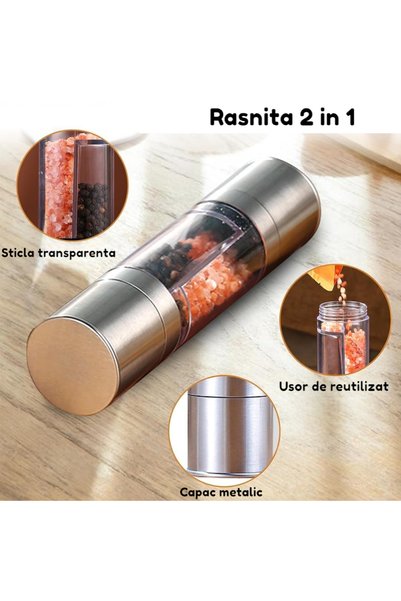OEM Rasnita manuala 2 in 1, sare si piper, 3 tipuri de macinare, transparenta, perie plastic cu burete