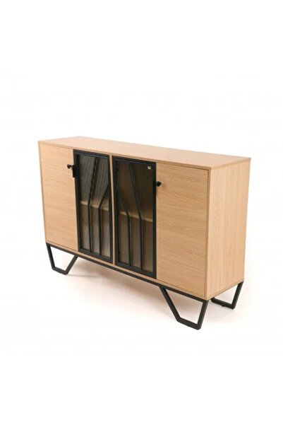 Generic Elegant beige wood and glass buffet for storage, 140 cm